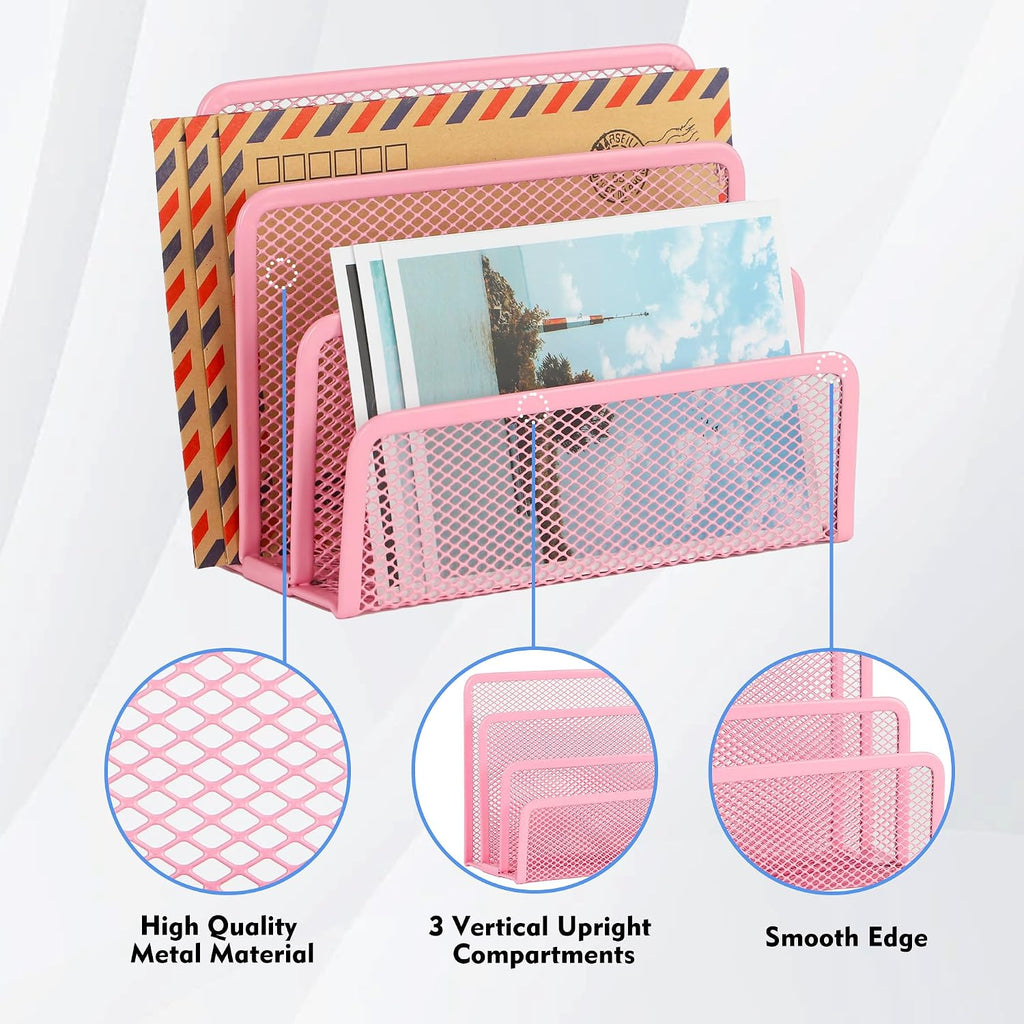 Desk Mail Organizer, Office Small Desktop Metal Mesh Envelope Letter Sorter Paper File Holder Organizer with 3 Vertical Upright Compartments, Pink 2 Pack