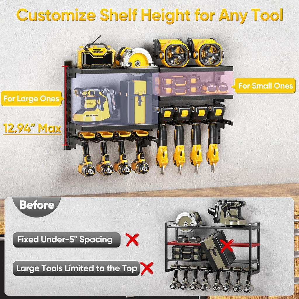 POKIPO Large Modular Power Tool Organizer Wall Mount With 6 Adjustable Shelf, Heavy Duty Iron Tool Storage Rack Loads 300lbs with 8 Cordless Tools Drill Holder,Battery Utility Rack for Garage Workshop