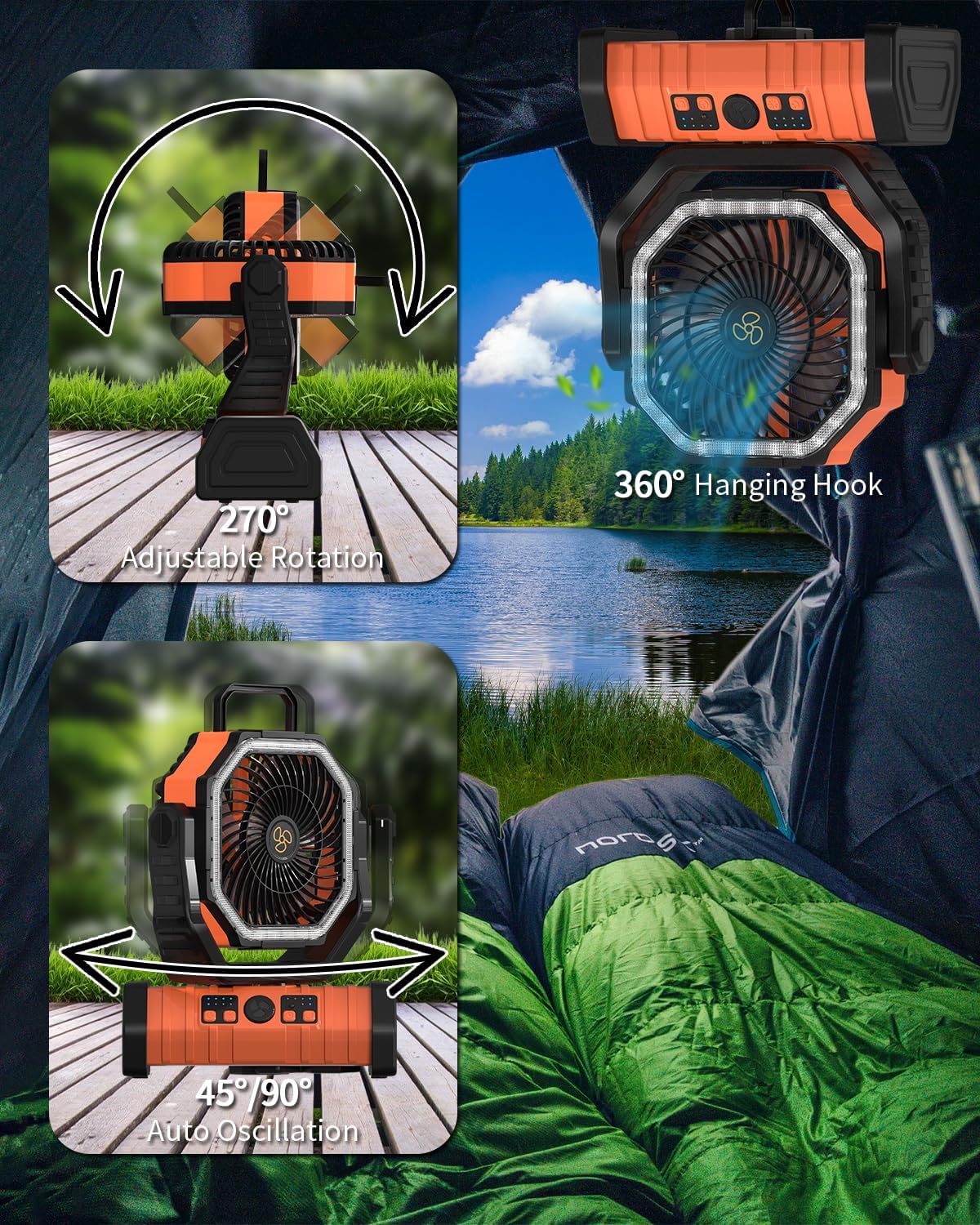 ADUST Camping Fan Battery Powered 20000mAh Outdoor Tent Fans - Orange
