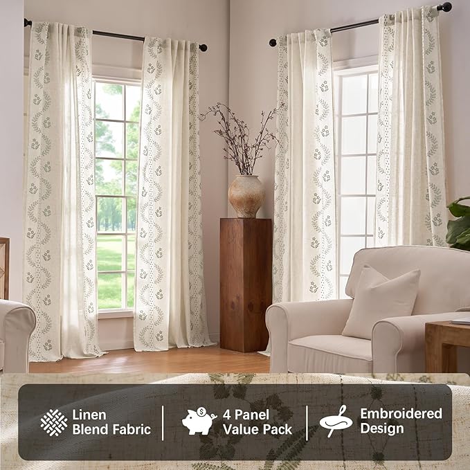 jinchan Belrose 4 Panel Curtains Set 84 Inch Length Floral Curtains Sage Green - Image 2
