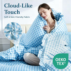 BDEUS 7 Pieces Gingham Ruffle Comforter Set Queen Size, Blue Grid Tartan Bedding Set, Soft Breathable Fabric Comforter with Flat Sheet, Fitted Sheet, 2 Pillowcases & 2 Shams, 88"X88"