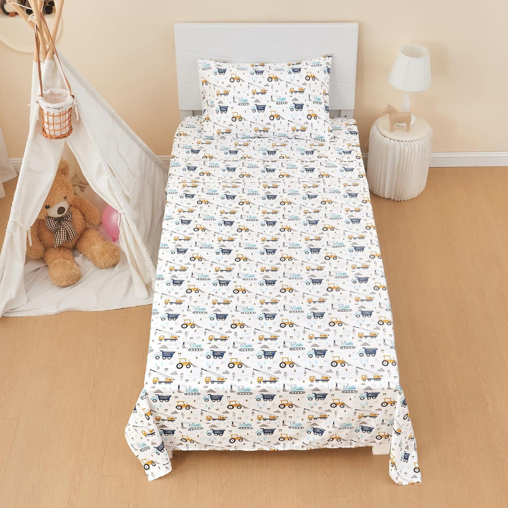 lasoftan Kids Sheet Set Twin Size 3 Pcs, Boys Sheet Set with Blue Excavator Car Pattern，Kids Boys Twin Fitted Sheet，Breathable & Silky Soft Microfiber Fitted Sheet