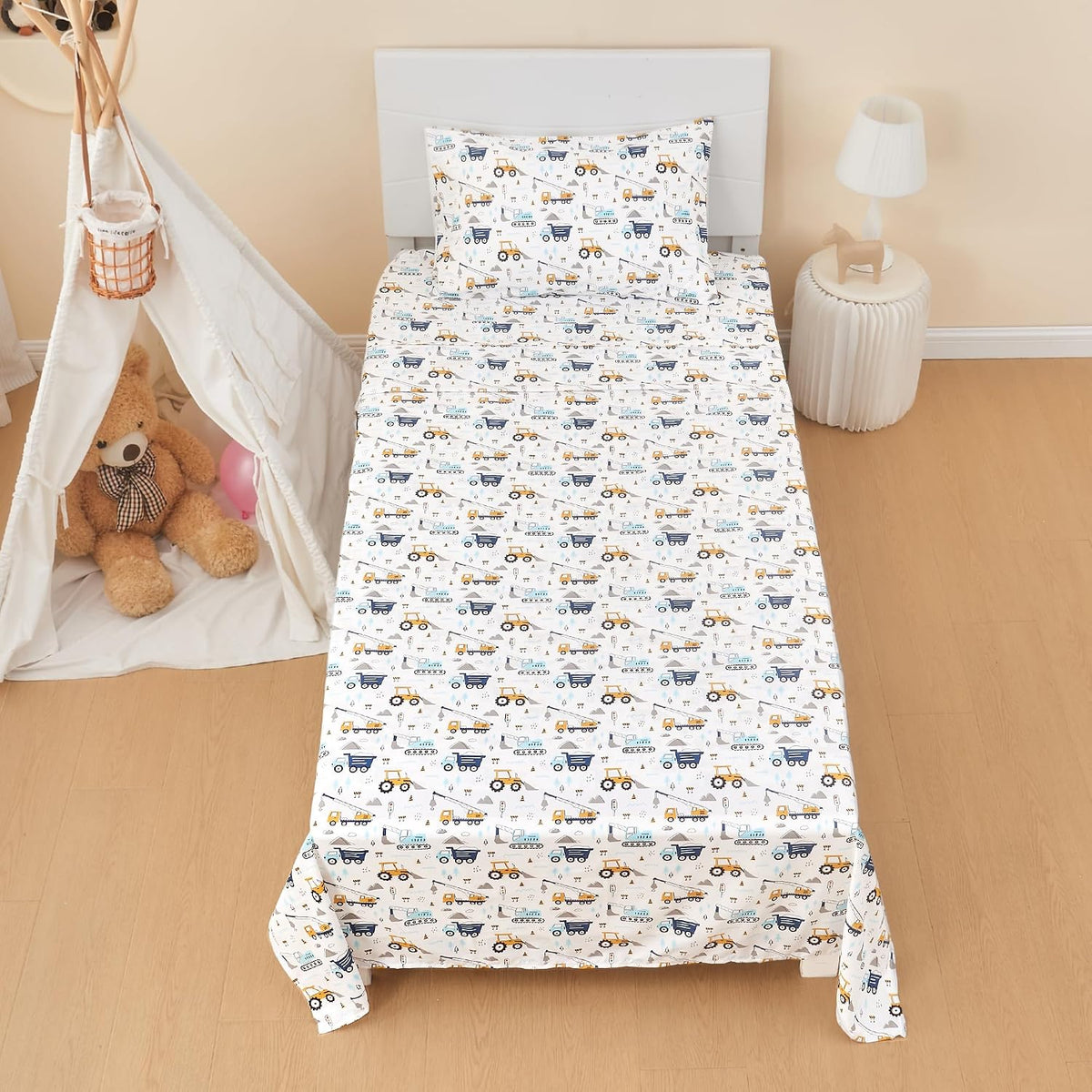 lasoftan Kids Sheet Set Twin Size 3 Pcs, Boys Sheet Set with Blue Excavator Car Pattern，Kids Boys Twin Fitted Sheet，Breathable & Silky Soft Microfiber Fitted Sheet
