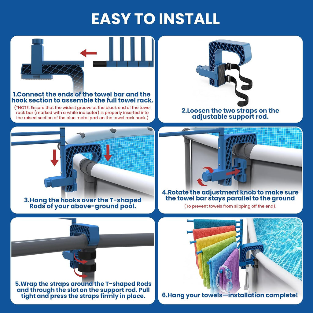 Aquajoyer Poolside Pool Towel Rack Outdoor for Above Ground Round Pools, Stainless Steel Swivel Pool Towel Holder 6 Bars Towel Dying Rack Towel Stand for Above Ground Pool Accessories [Patent Pending]