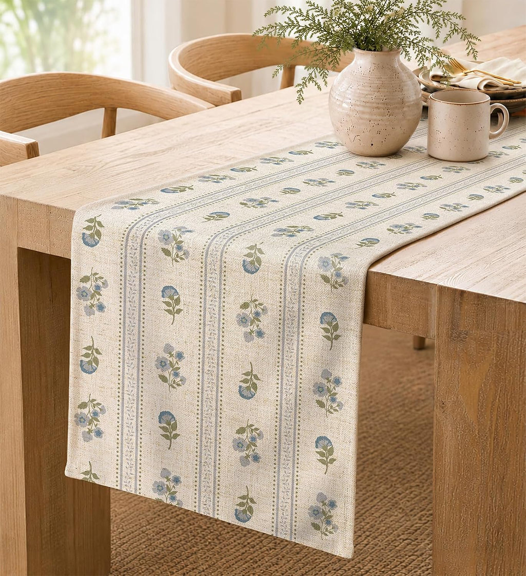 Poly and Linen Blend Table Runner, Porcelain Garden