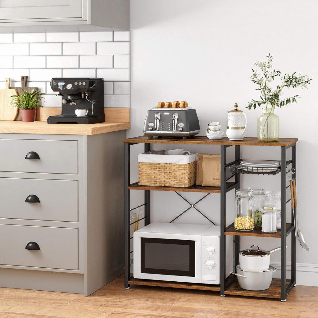 VASAGLE Kitchen Baker’s Rack, Steel Frame, Wire Basket, 6 Hooks