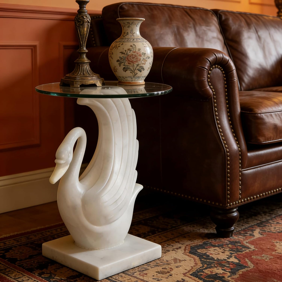 White Swan Side Table, 13-inch Tempered Glass Coffee Table