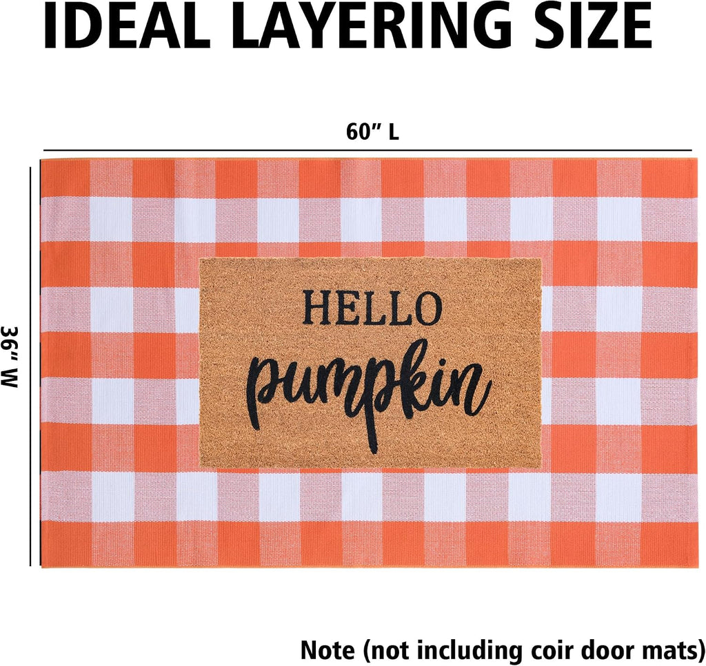 Fall Plaid Area Rug 3x5 Ft, Orange and White Buffalo Check Large Farmhouse Cotton Rug, Hand-Woven Washable Indoor Outdoor Carpet for Halloween Thanksgiving Autumn Porch Patio Decor