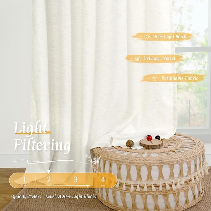 LAMIT Linen Semi Sheer Curtains 84 inch Long 2 Panels, Natural Ivory Soft Light - Image 4