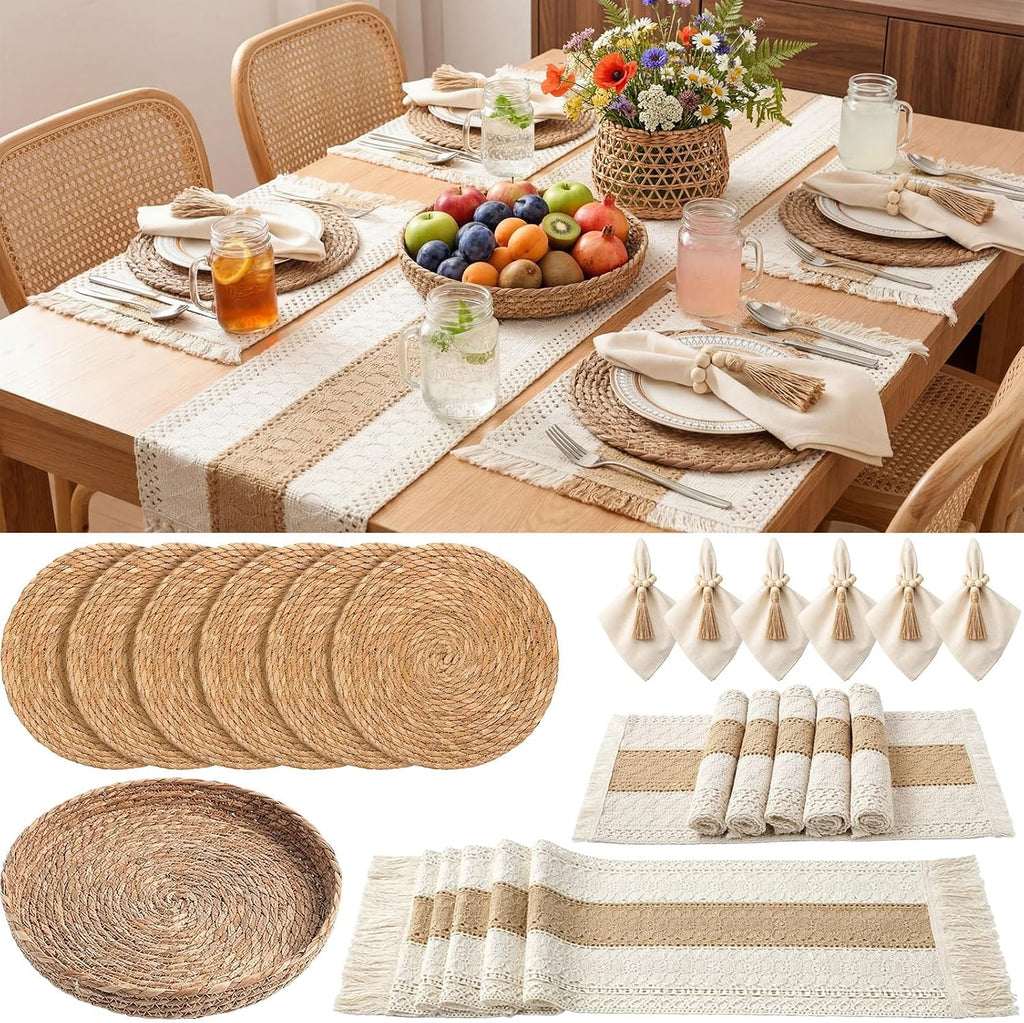 Boho Kitchen Decor Table Runner and Placemats Set, 6 Sets, 12x72