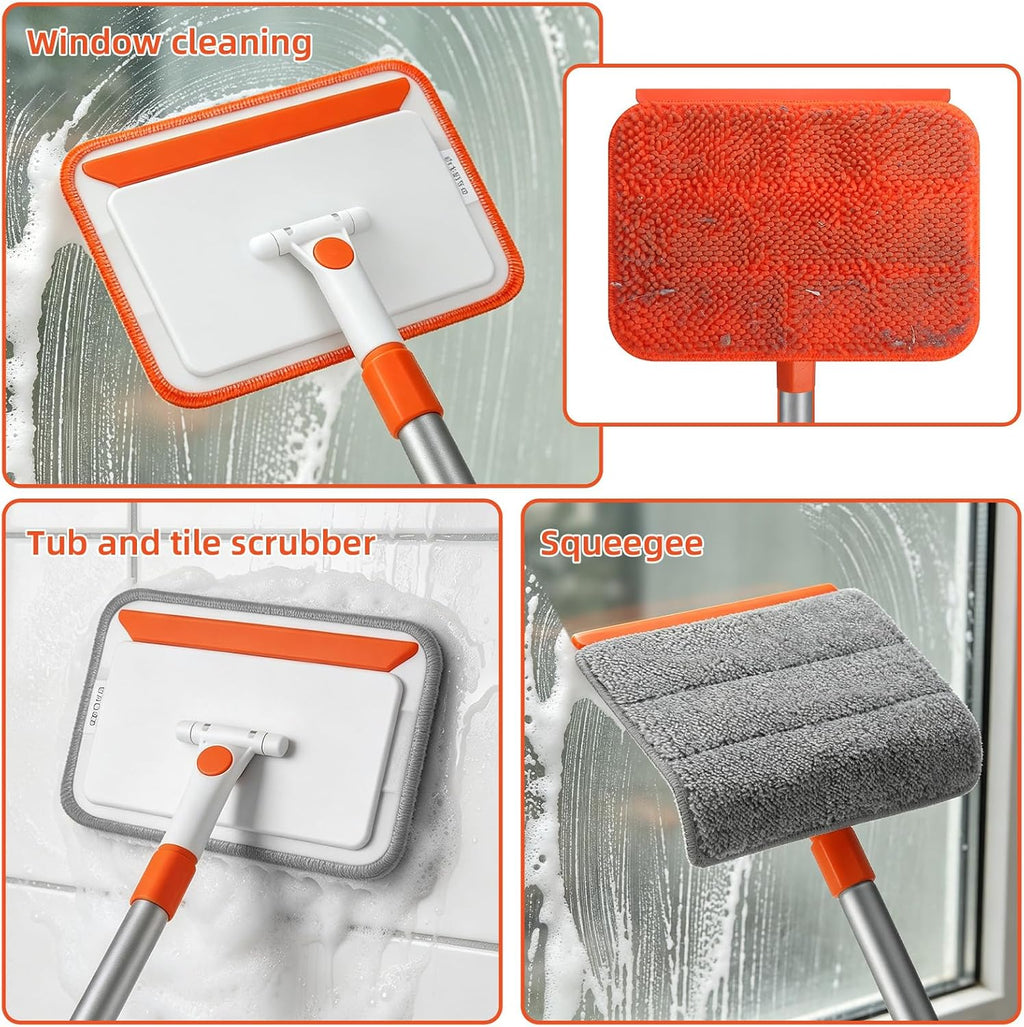 Qaestfy Wall & Baseboard Cleaner Mop Tool with 49'' Long Handle for Cleaning Window Floor Skirting Board Ceiling Bathtub Tub Tile Scrubber Brush Duster with 4 Reusable Pads