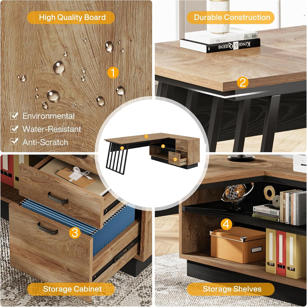 Tribesigns 71” Executive Desk, L-Shaped Desk with Cabinet, Oak and Black