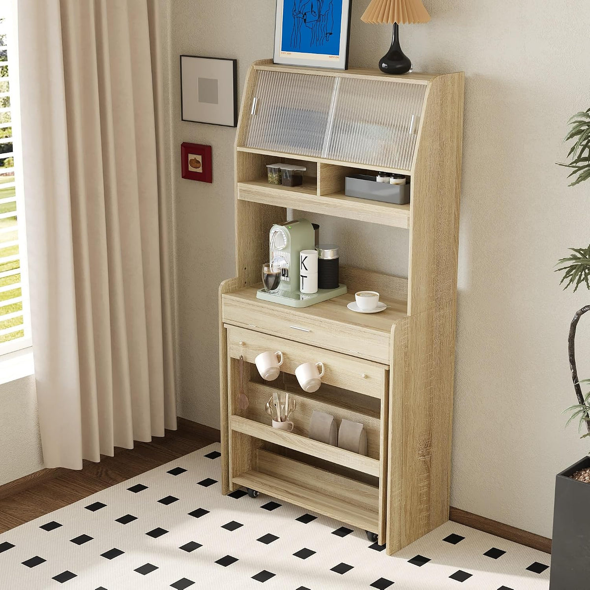 Merax Sideboard Buffet Cabinet with Foldable Dining Table, Multifunctional Cupboard with Storage Shelf and Hooks, for Small Places,Studio, Apartment