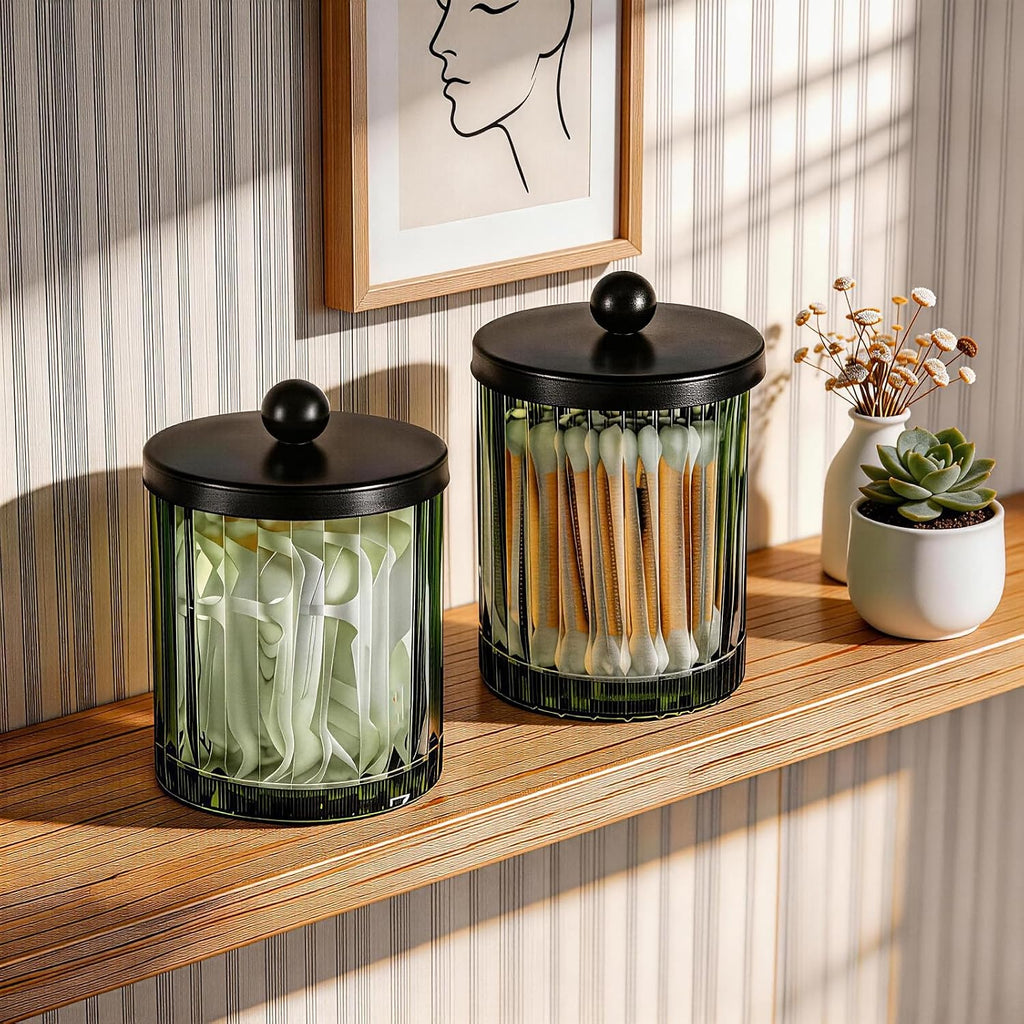 Amolliar Green Glass Apothecary Jar, Qtip Holder for Bathroom(Black 4 Pack)