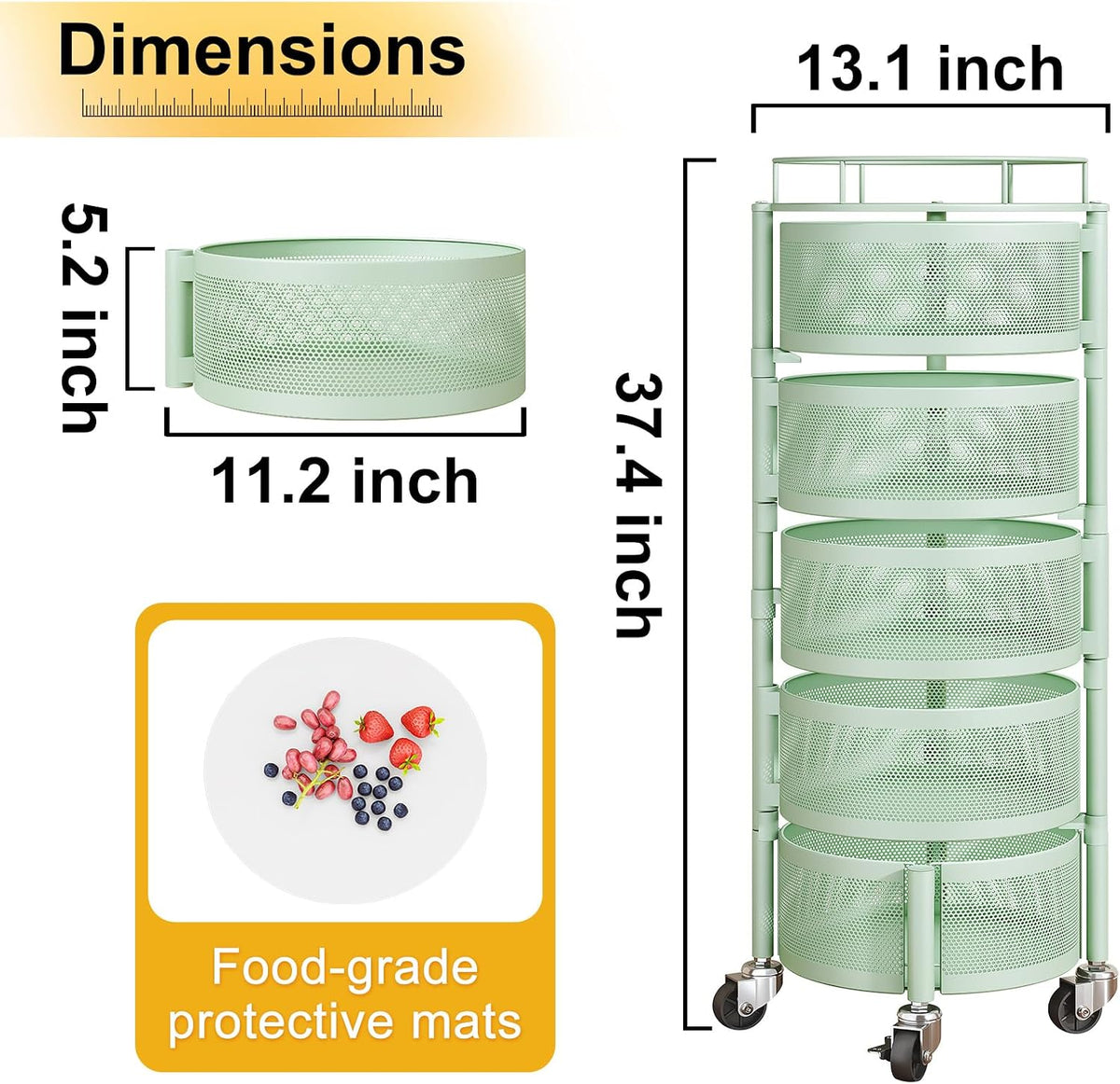 SNTD 5-Tier Fruit and Vegetable Basket Bowls for Kitchen, Rotating, Green