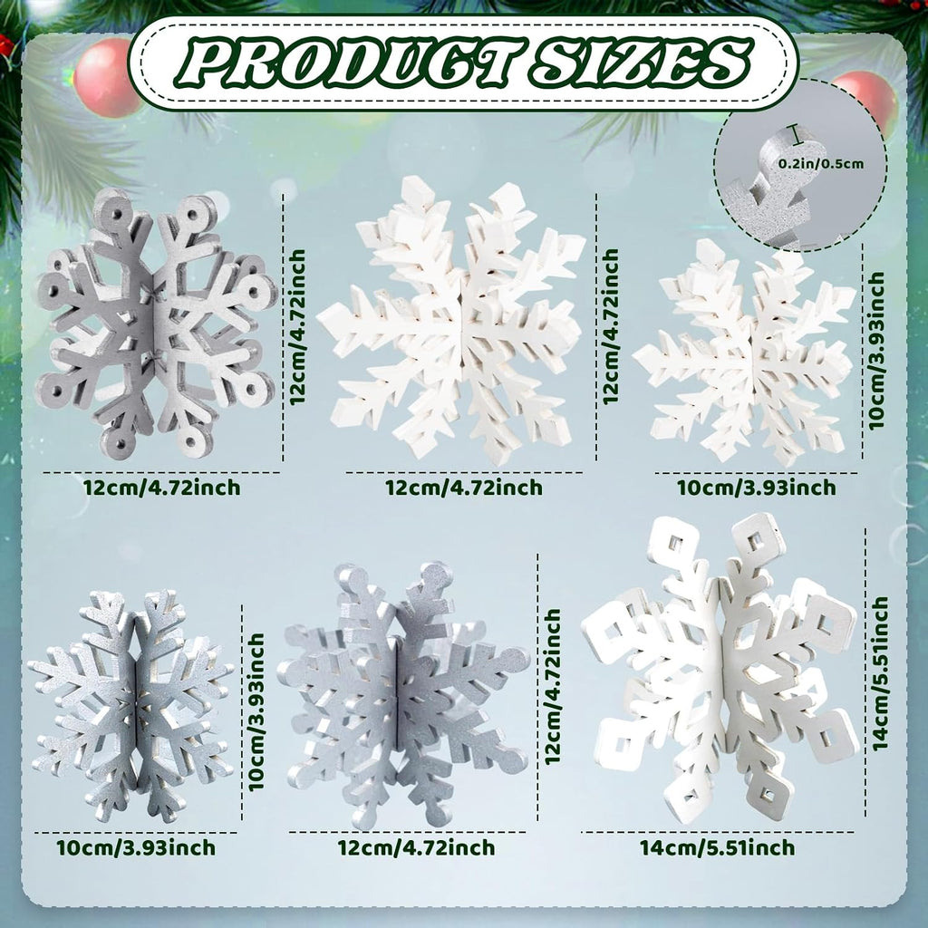 Wooden Snowflake Decorations, 3D Christmas Table Decorations, Set of 6