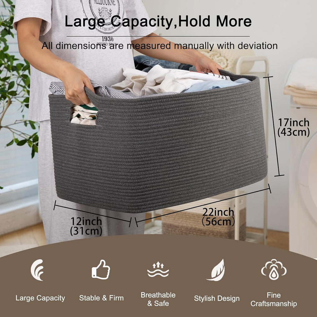 OIAHOMY 75L Large Blanket Basket Woven Rope Storage Basket Dark Grey