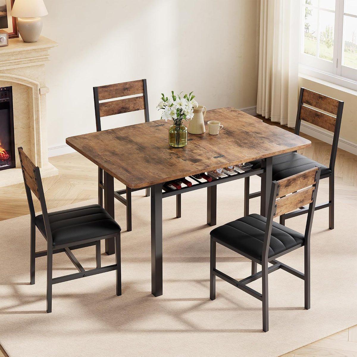 MapleGrace Extendable Dining Table Set for 4 with Built-in Shelf Rack Brown
