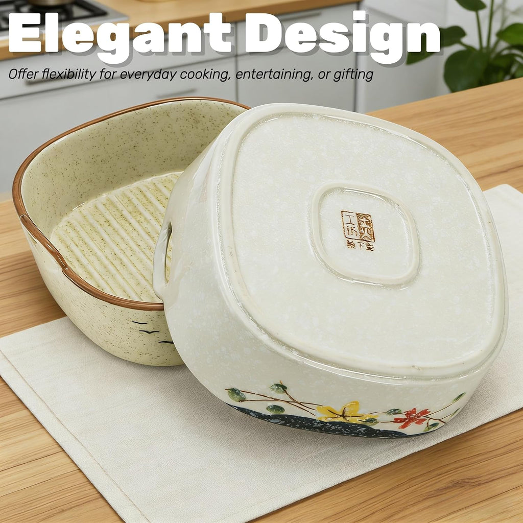 2 Pack Ceramic Small Casserole Dishes, 7" x 6.5" Baking Dish for Toaster Oven, 20 OZ Deep Lasagna Pan with Handles, Durable Vintage Bakeware Pans for Cake Brownie Kitchen, Microwave Safe