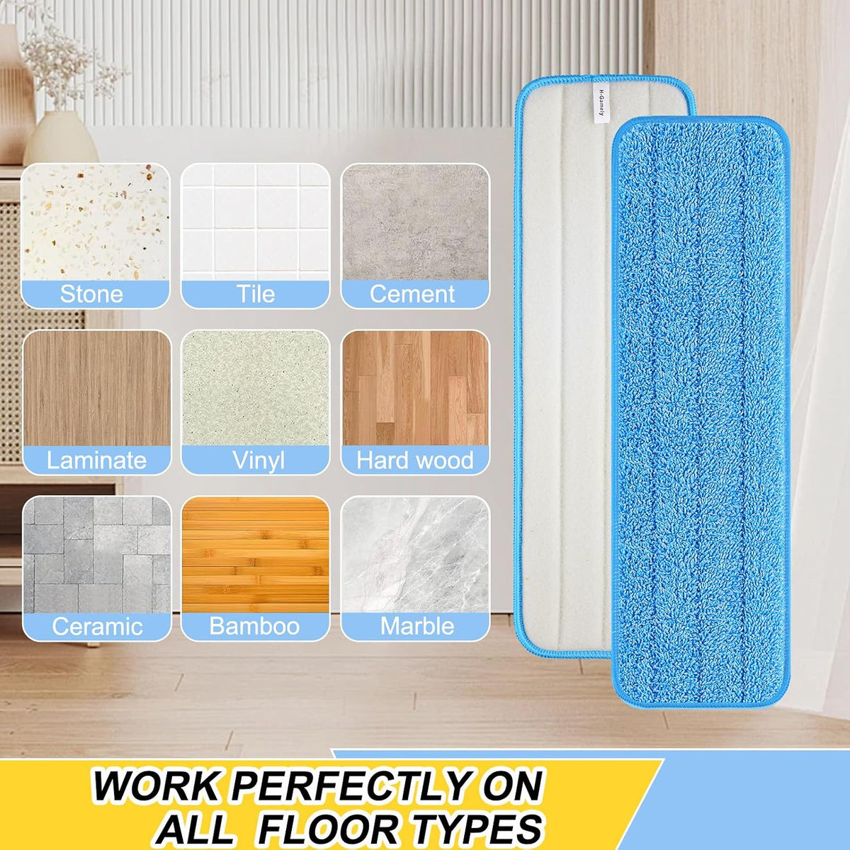18 inch Reusable Mop Pads Microfiber Spray Mop Replacement Heads for Wet/Dry Mops Compatible with Bona Floor Care System (6 Pack) (Blue)