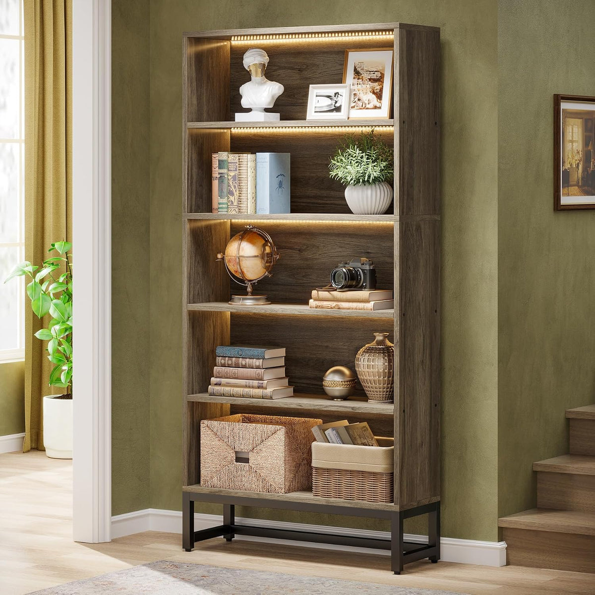 Tribesigns Tall Bookcase Bookshelf, 70.8" Large Bookcases Organizer with LED Lights, Heavy Duty Free-Standing Library Bookshelf with 5-Tier Storage Shelves for Living Room, Bedroom (Gray)