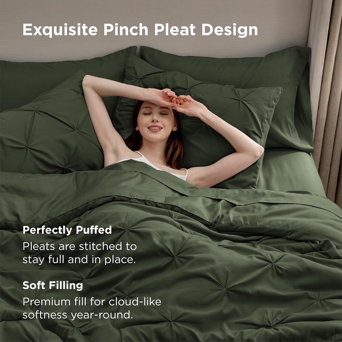 Bedsure 7-Piece Olive Green Comforter & Sheet Set, Queen Bed in a Bag