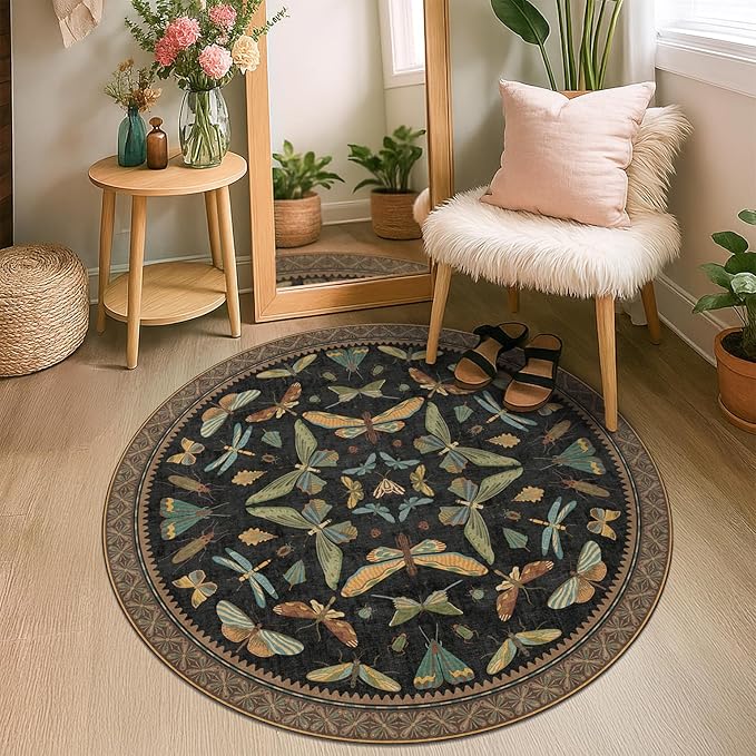 Black Boho 4ft Round Small Rugs by HazoHaus