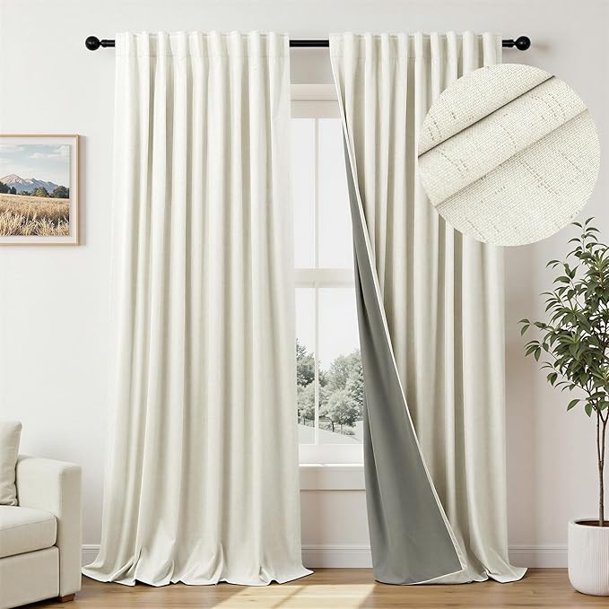 Cream Linen Black Out Curtains 70 Inches Extra Wide - Image 2