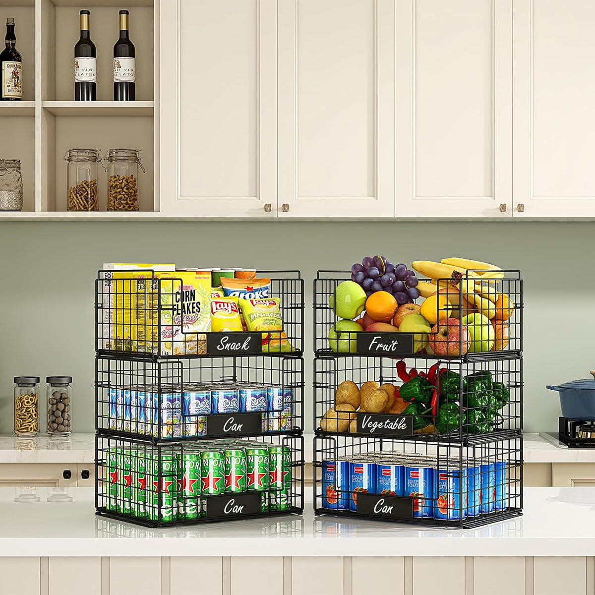 3 Pack XXL Stackable Wire Baskets with Handles & Name Plates