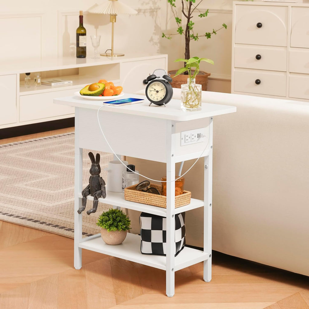Yoobure End Table with Charging Station, Flip Top Side Table with USB Ports and Outlets, Sofa Couch Table Bedside Table for Living Room Bedroom, Narrow Nightstand with Storage Shelves for Small Spaces