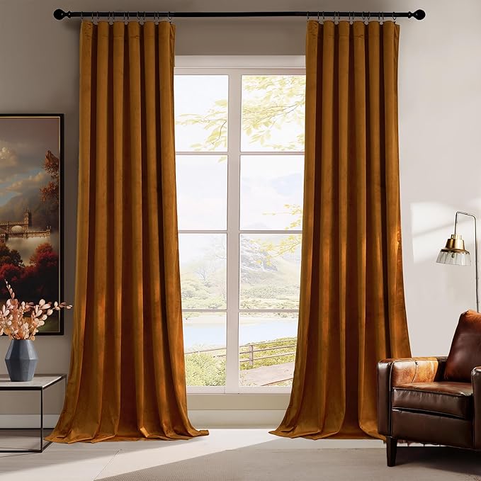 RYB HOME Fall Curtains Burnt Orange Velvet Curtains, Light Blocking, Thermal by RYBHOME