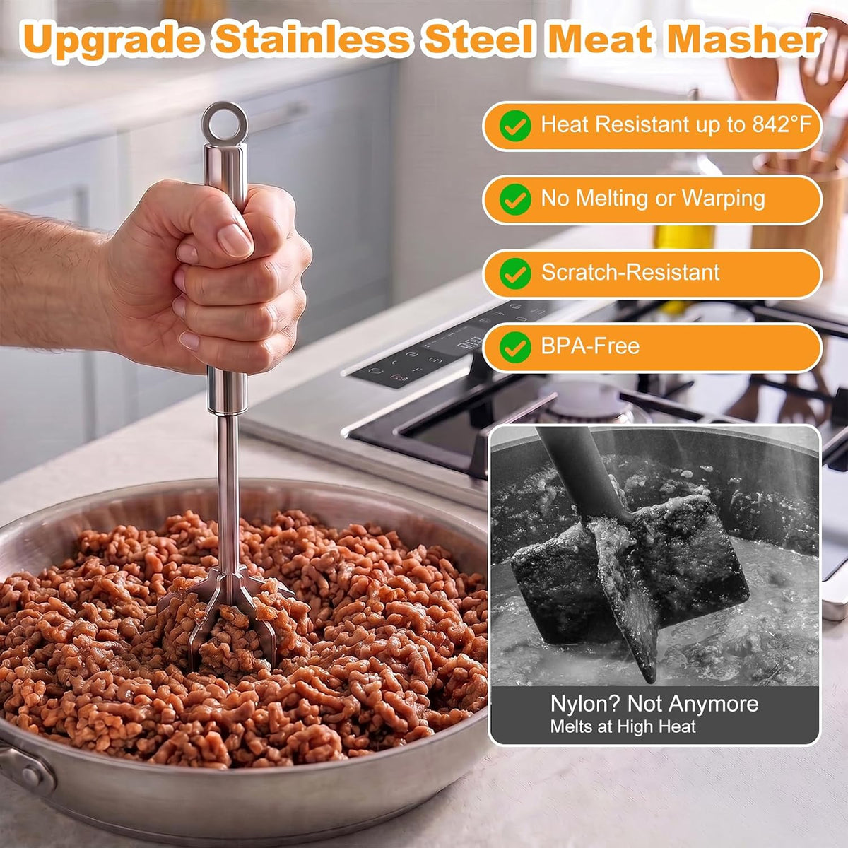 Stainless Steel Meat Masher, 6-Blade Ground Beef Chopper Tool, Heavy Duty Hamburger Smasher Potato Masher, Food Grade Vegetable Puree Shredder Mixer Utensil, Kitchen Gadgets, Dishwasher Safe (A)