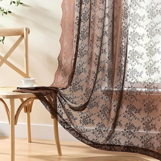 YJ YANJUN Vintage Lace Curtains 108 Inches Long-Victorian Floral Pattern Brown - Image 2