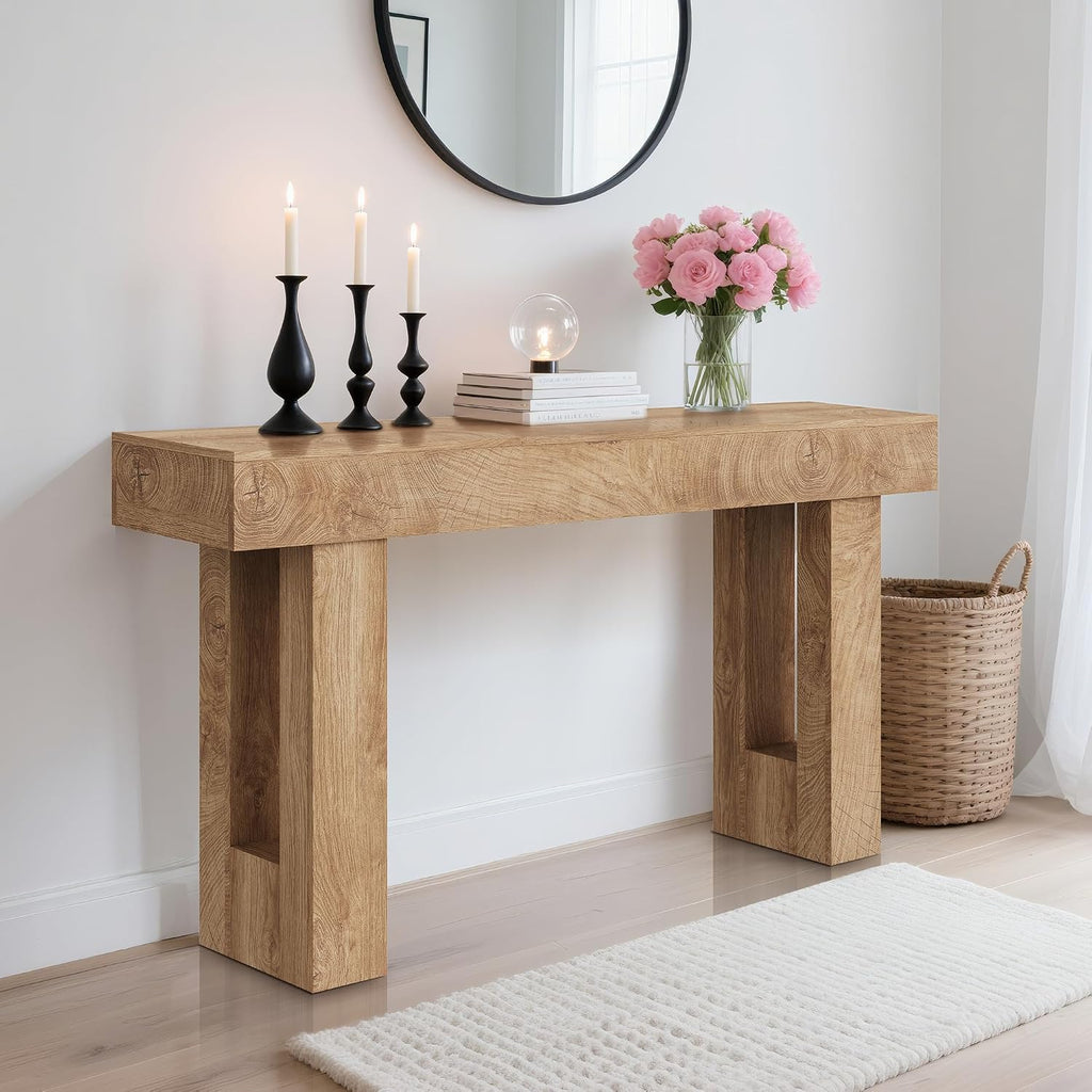63" Farmhouse Console Table - Long Sofa Table Behind Couch, Wooden Entryway Table for Living Room, Hallway, Entrance, Rustic Rectangular Design, Natural Color