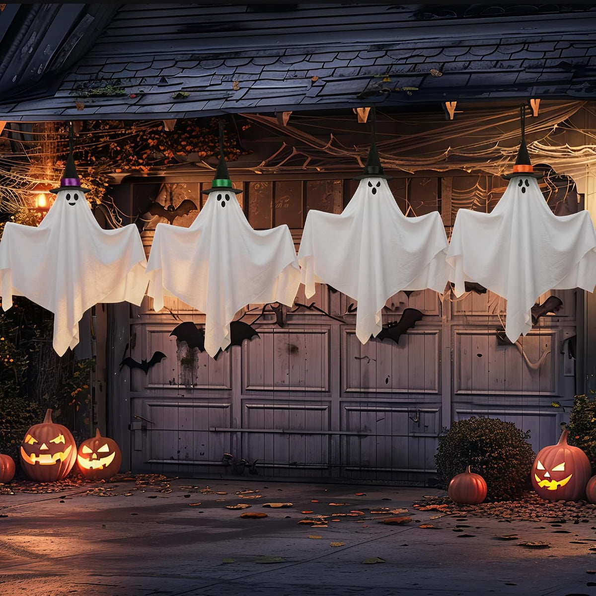 4 Pack Halloween Hanging Ghosts Decorations 31.5" Outdoor Cute Flying Ghost with Witch Hats White Ghosts Hanging Decoration for Halloween Party Holiday Front Yard Porch Patio Lawn Garden Tree Decor