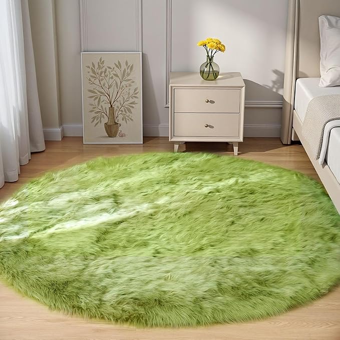 Goolela Lime Green Circle Rug 6ft Fluffy Fuzzy Round Faux Fur Sheepskin Carpet by Goolela