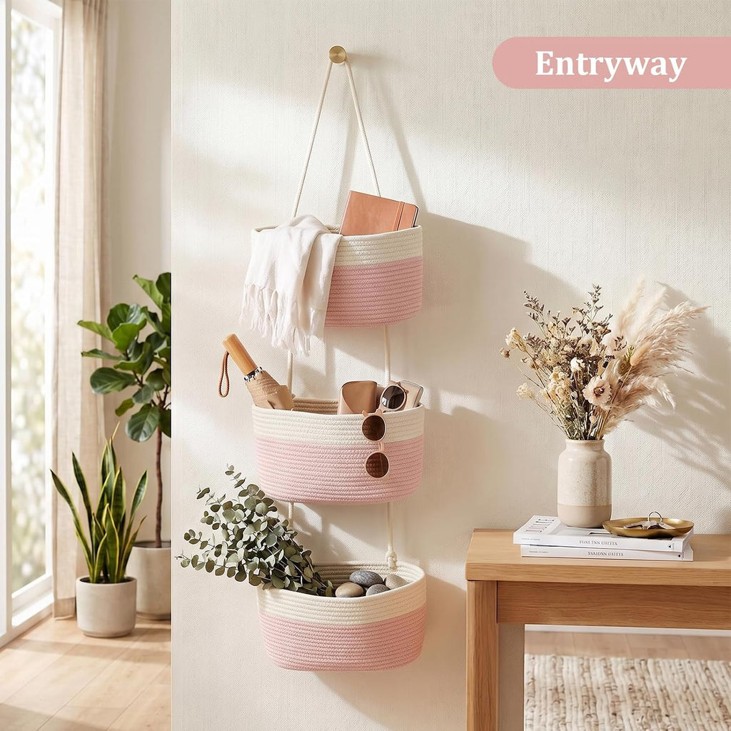 TeoKJ Over the Door Hanging Storage Basket 3 Tier Wall Organizer White&Pink
