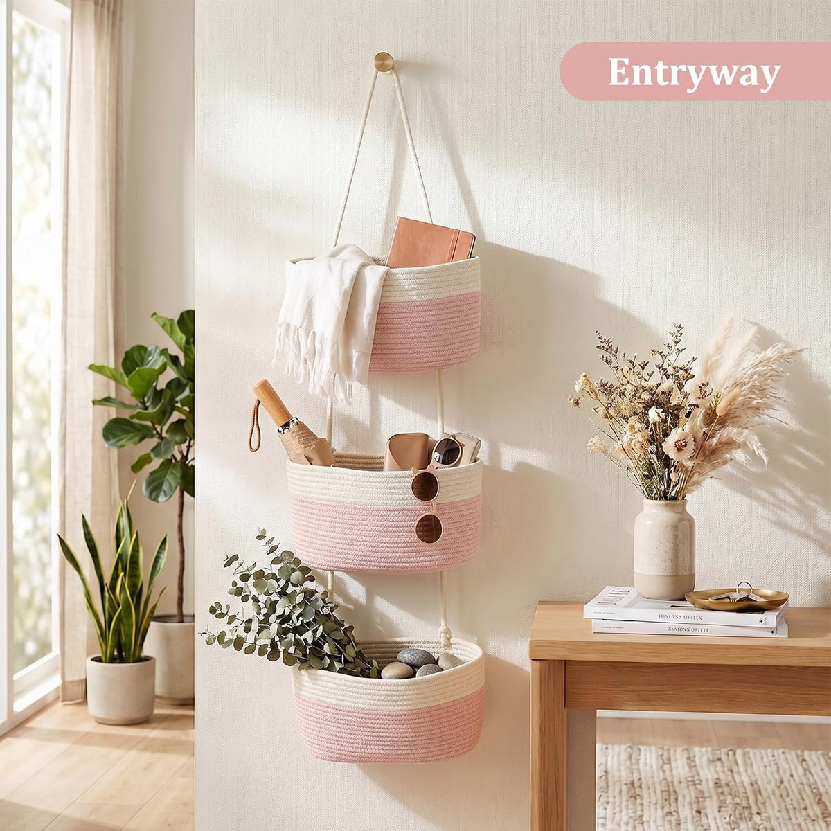 TeoKJ Over the Door Hanging Storage Basket 3 Tier Wall Organizer White&Pink