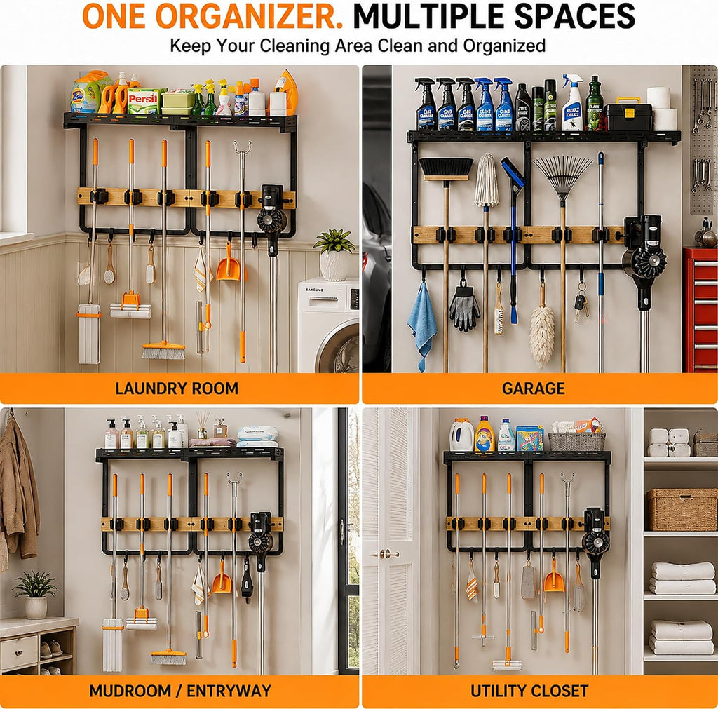 Mop and Broom Holder Wall Mount with Railing Shelf,3-in-1 Cleaning Storage Organizer,Storage Rack with Vacuum holder 5 Grips 6 Hooks for Laundry Utility Garages Closet,