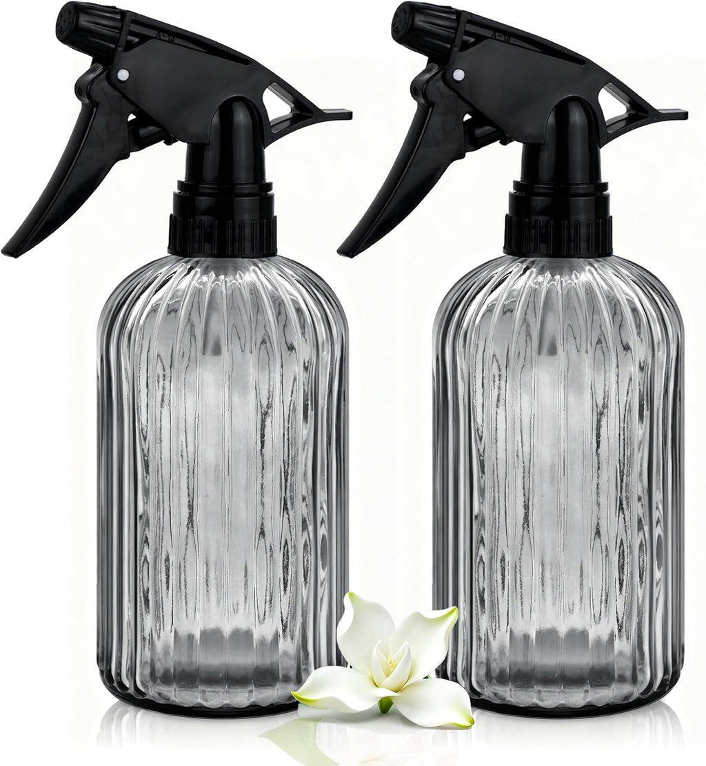 Glass Handheld Spray Bottle, 13.5oz Refillable Plant Mister Bottle 2 Pack, Water Spray Bottle with Adjustable Mist Nozzle for Outdoor Gardening, Indoor Flowers, Cleaning, Hair & Pets Care (Grey)