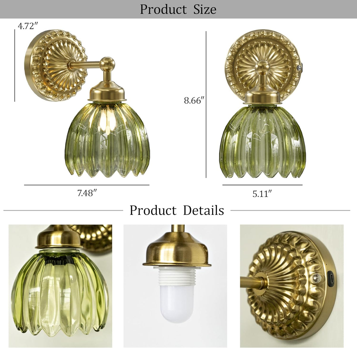 Battery Operated Wall Sconce, Vintage Wall Light, 2 Pack, Green Tulip Glass