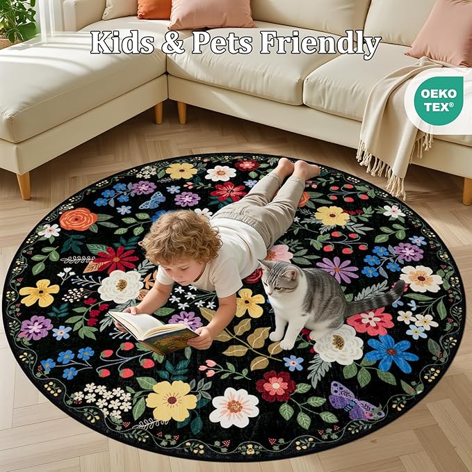Round Area Rug for Living Room: 4 ft Floral Washable Circle Rug Soft Boho - Image 8