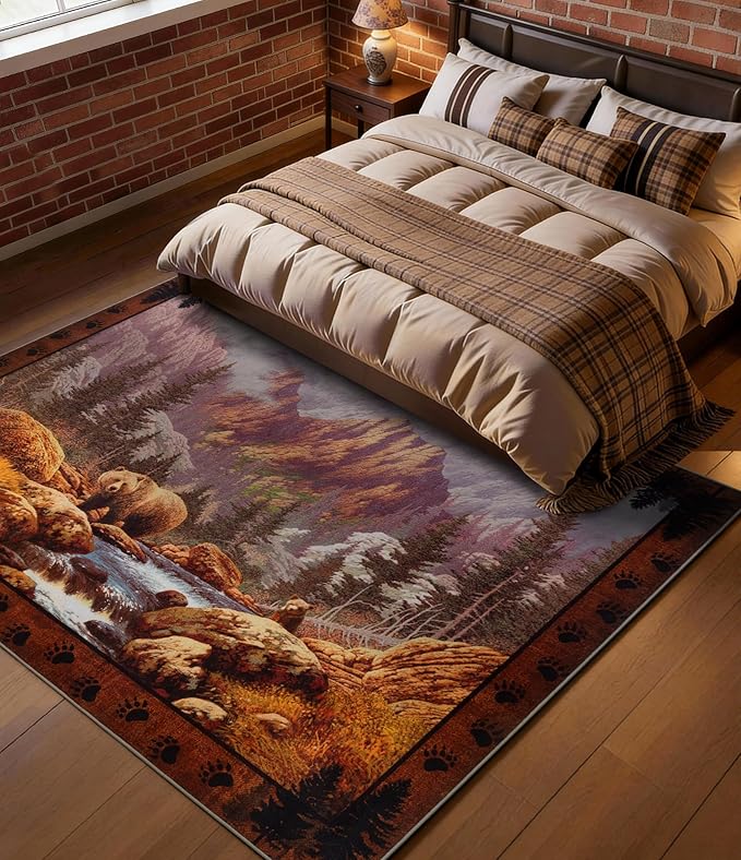YIHOUSE Rustic Cabin Area Rug for Bedroom 5x7, Machine Washable Woodland Bear - Image 3