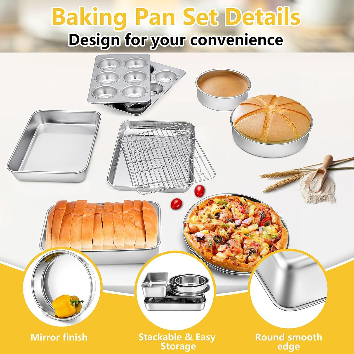 P&P CHEF 9 PCS Baking Pans Sheets, Stainless Steel Bakeware Set for Cooking