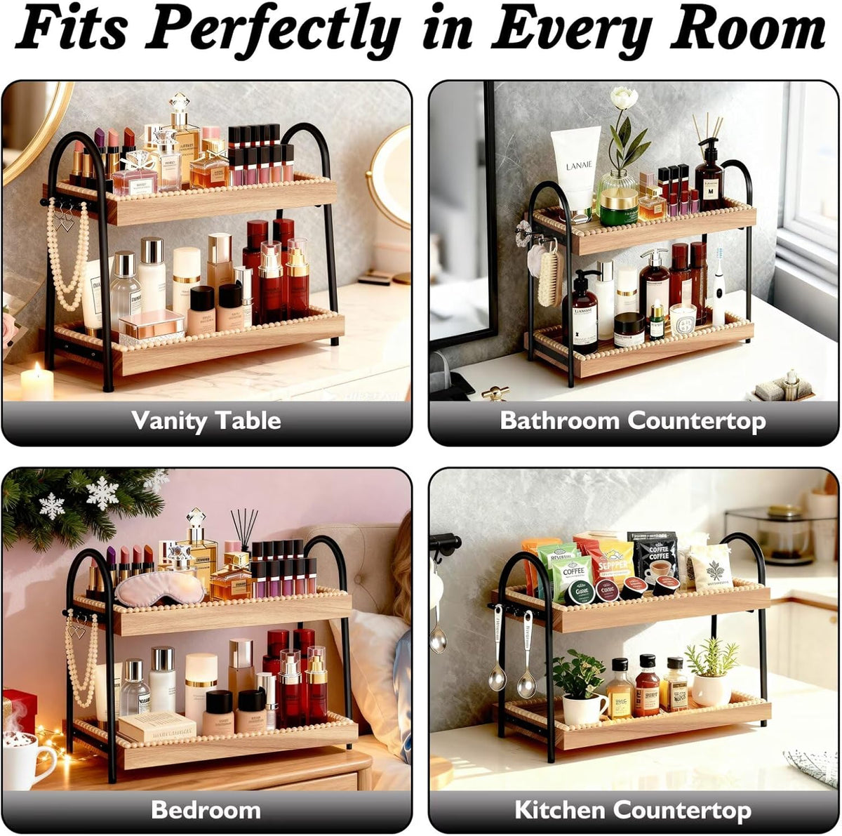 Bathroom Vanity Organizer Countertop 2-Tier Waterproof 20+ Bottles 8 Hooks