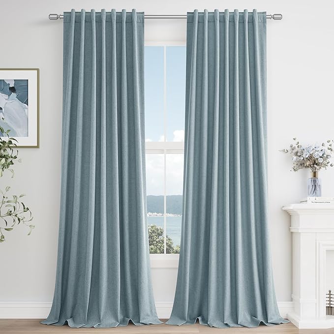 Guken Blue 100% Blackout Linen Curtains 100 Inch Length 2 Panels Set by Guken