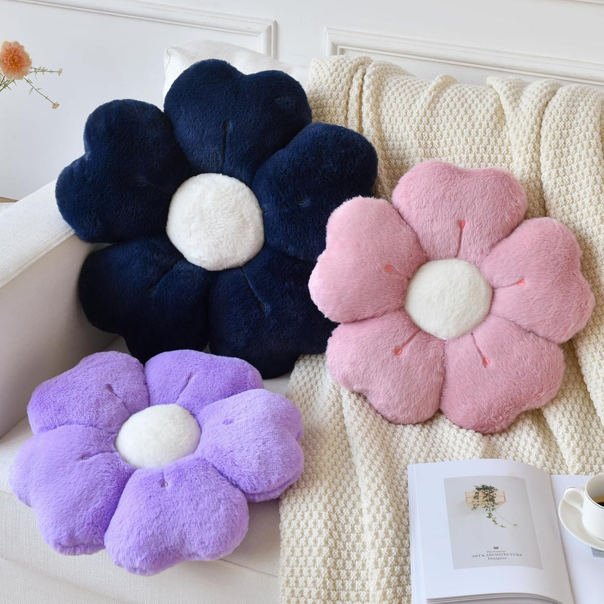 Flower Pillow, Daisy Decorative Throw Pillows, Dark Purple, 15 Inches