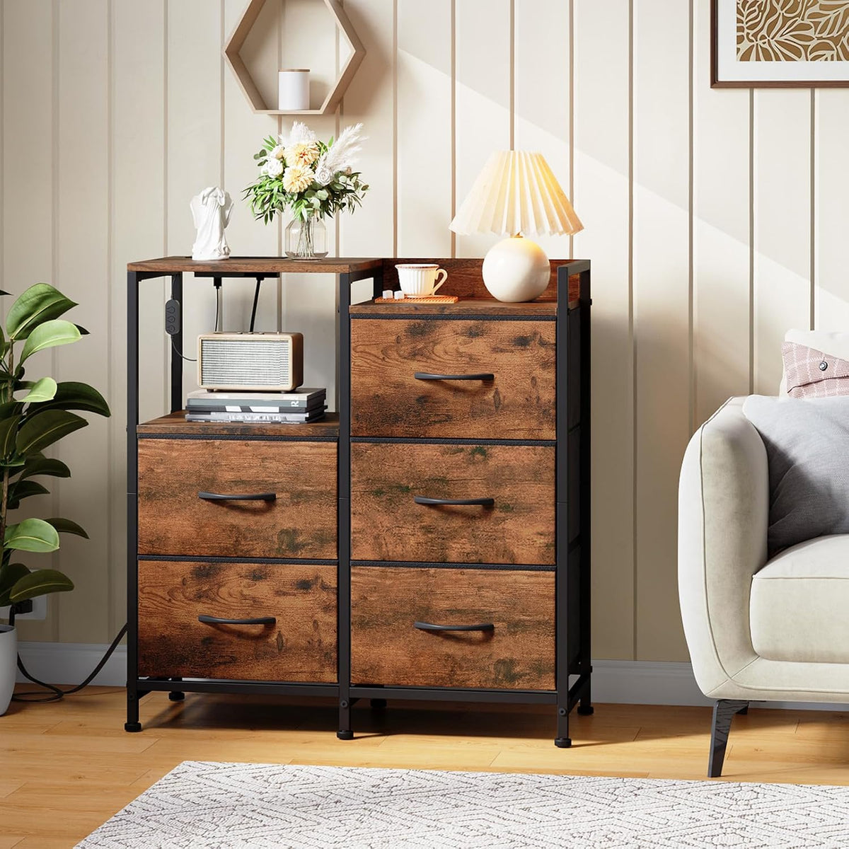 Somdot Wide Bedroom Nightstand with 5 Drawers, Charging Station & LED Light