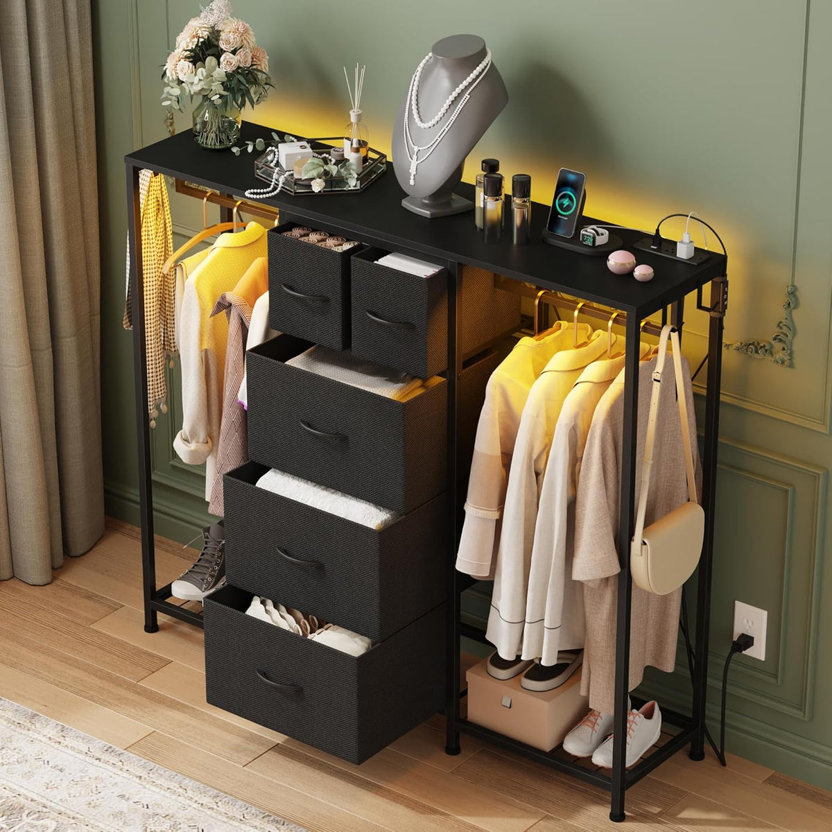 HIGDBFE 5-Drawer Dresser with 2 Hanging Racks, Black, 49.2" W