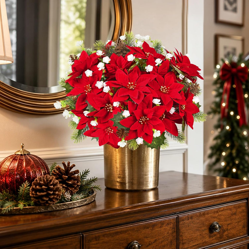 9 Pack Poinsettias Flowers Artificial Christmas Flowers for Outdoors, 14'' Mixed Fake Red Velvet Poinsettias Flowers Faux Eucalyptus Plants Pine Branches UV-Resistant for Vase Garden Porch Home Decor